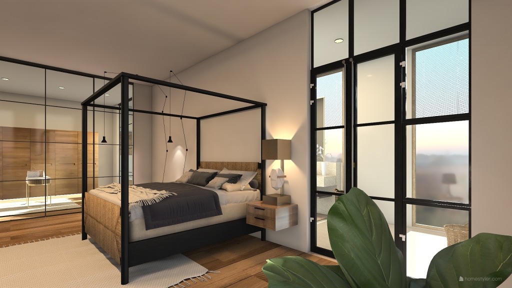 Modern Bohemian Black White Orange WoodTones Chambre 3d design renderings