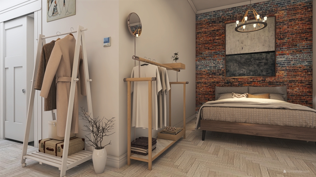 Industrial Rustic Minimalist Studio apartment White Blue Beige 3d design renderings