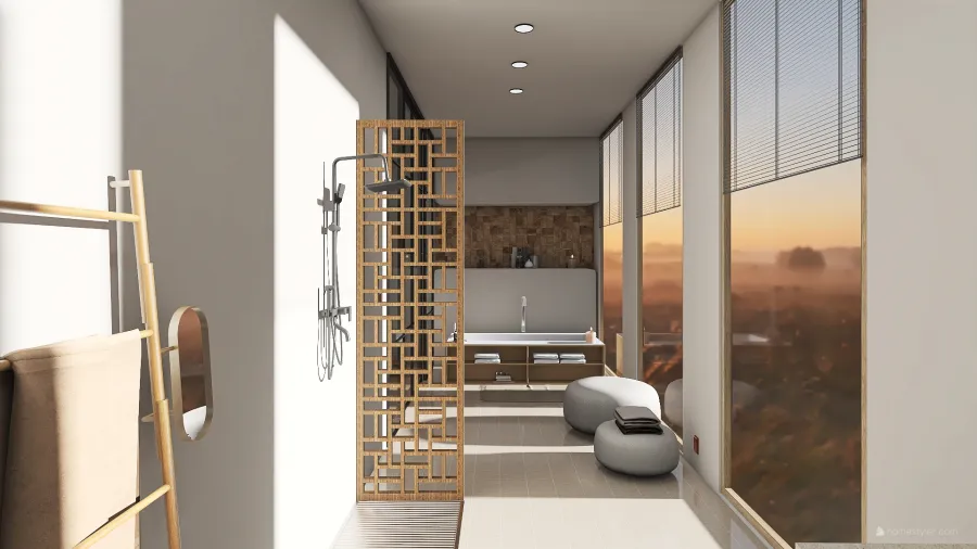 Modern Bohemian Black White Orange WoodTones Salle de bain 3d design renderings