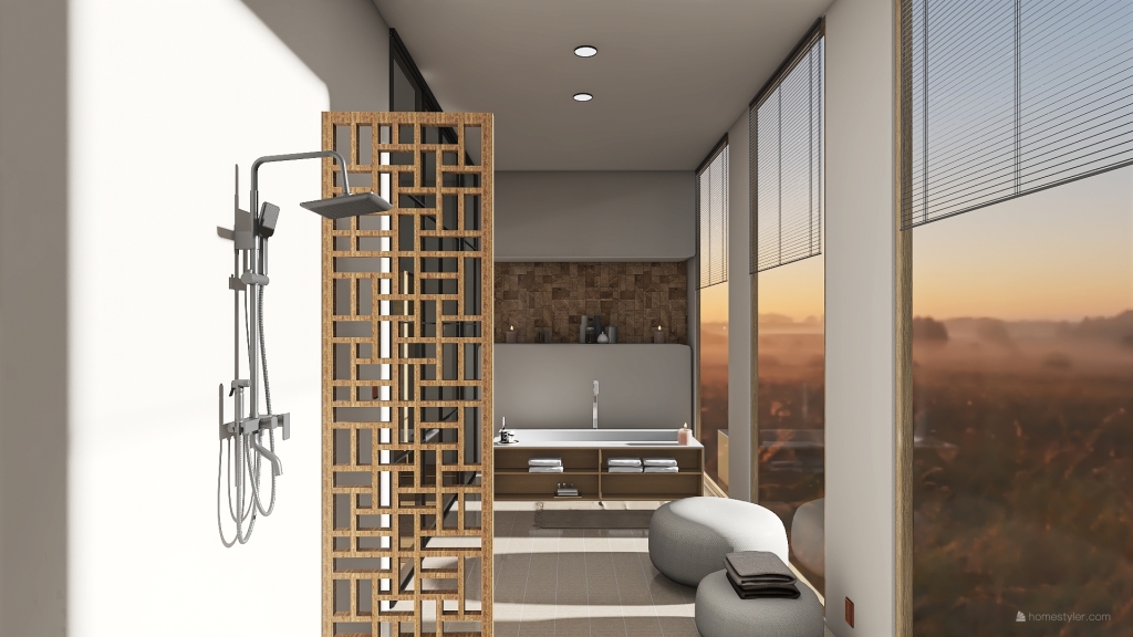 Modern Bohemian Black White Orange WoodTones Salle de bain 3d design renderings