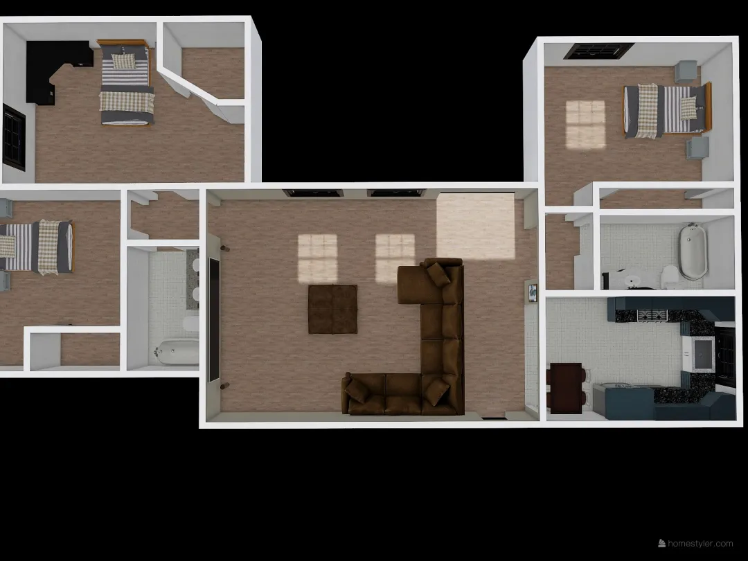 Basement with kitchen on the right 3d design renderings