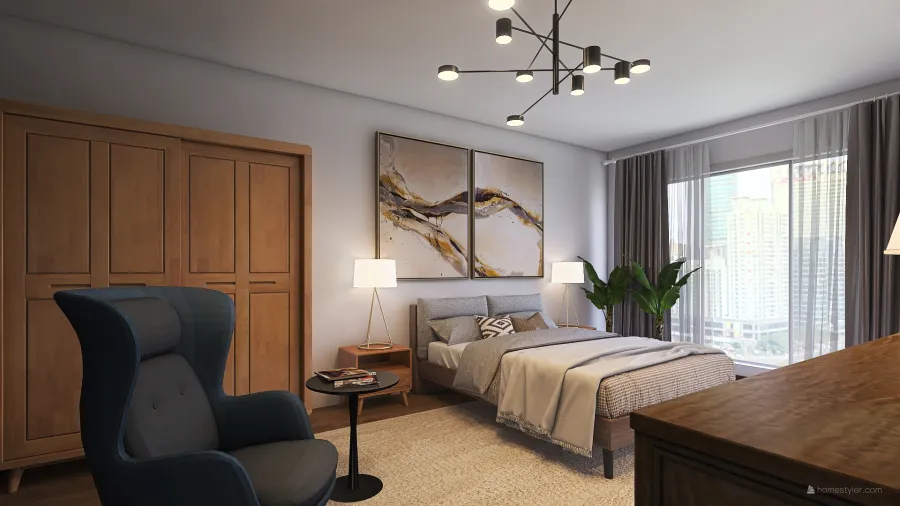 Modern Rustic Blue Grey Beige Master Bedroom 3d design renderings
