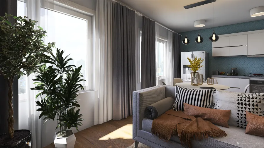 Modern Rustic Blue Grey Beige Living and Dining Room 3d design renderings