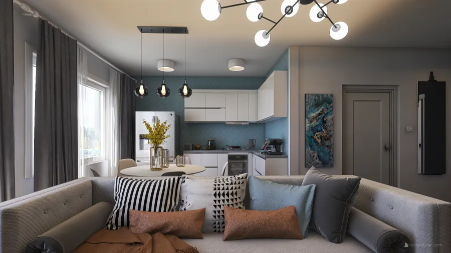 Modern Rustic Blue Grey Beige Living and Dining Room 3d design renderings