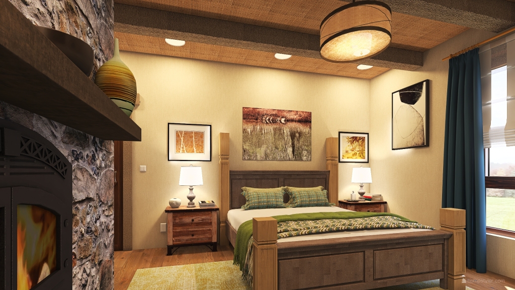 Dormitorio rústico. 3d design renderings