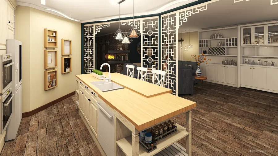 Kitchen + living + dining 3d design renderings