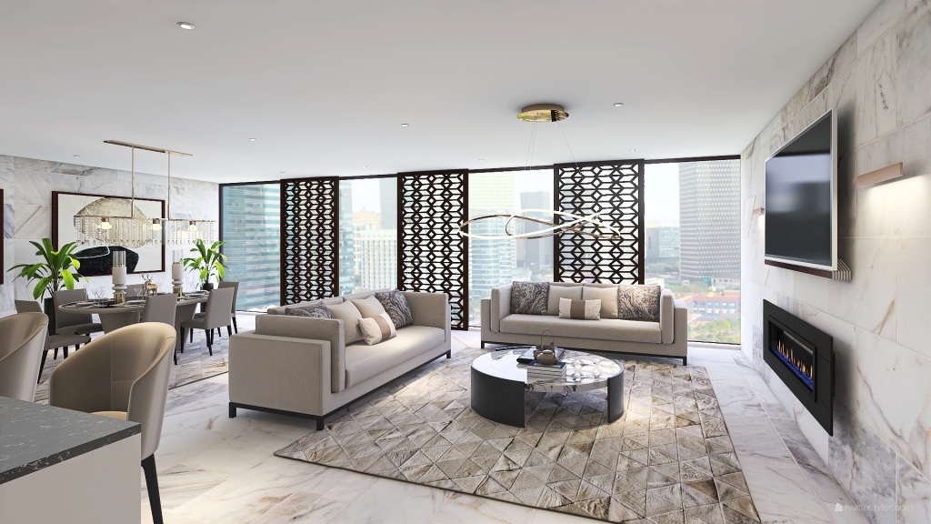 Living Room, Dinning Room and Kitchen 3d design renderings