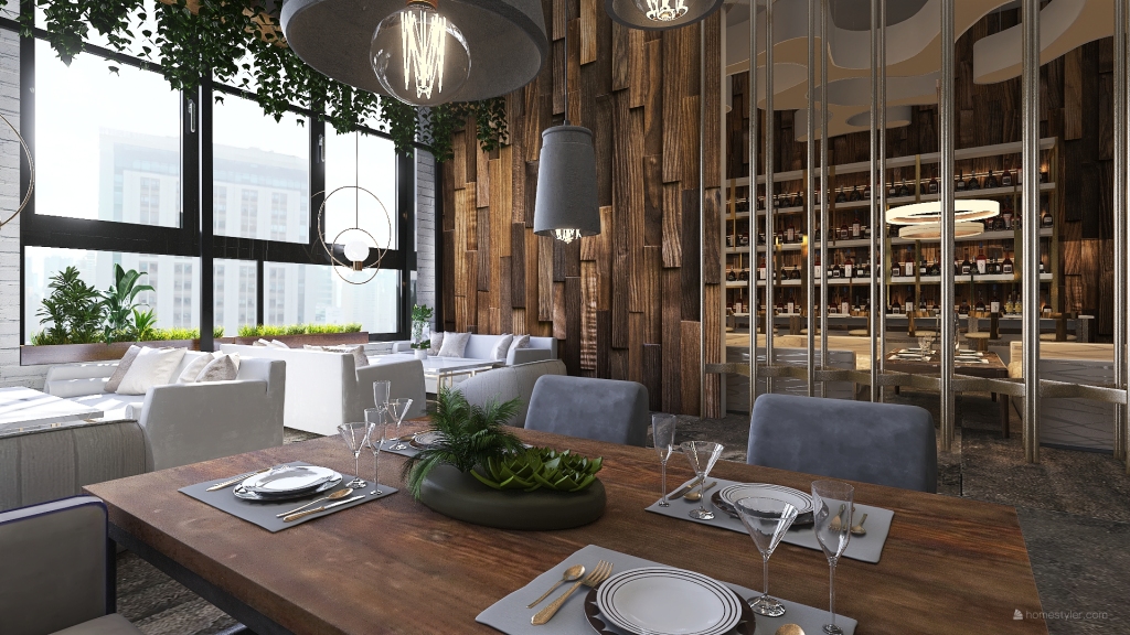ArtDeco Rustic restaurant ＂Pintado＂ WarmTones WoodTones White Grey 3d design renderings