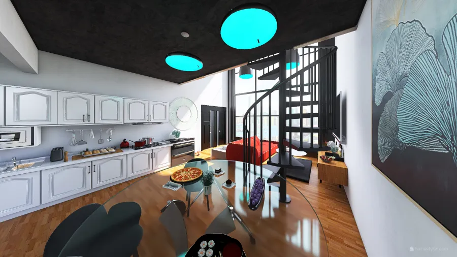 Ground: kitchen, Living and Dining Room 3d design renderings