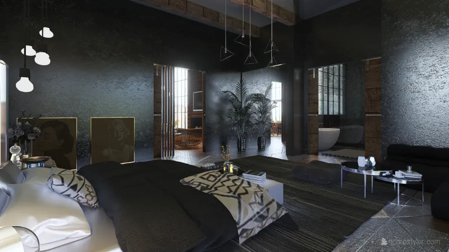 Industrial ArtDeco Bohemian Black Beige EarthyTones Master Bathroom 3d design renderings