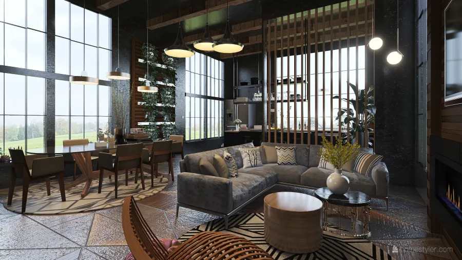 Industrial ArtDeco Bohemian Black Beige EarthyTones Living and Dining Room 3d design renderings