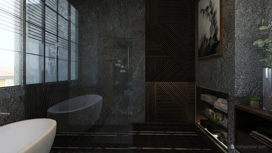 Industrial ArtDeco Bohemian Black Beige EarthyTones Bathroom 3d design renderings