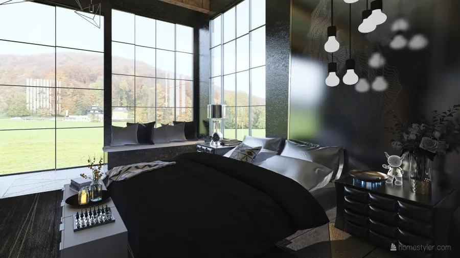 Industrial ArtDeco Bohemian Black Beige EarthyTones Master Bathroom 3d design renderings
