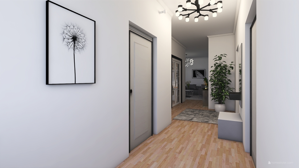 kitchen + living room + hallway 3d design renderings