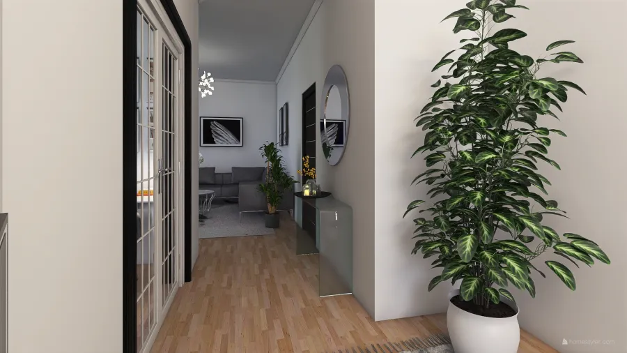 kitchen + living room + hallway 3d design renderings
