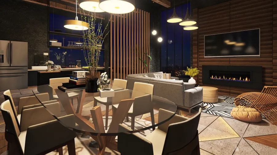 Industrial ArtDeco Bohemian Black Beige EarthyTones Living and Dining Room 3d design renderings