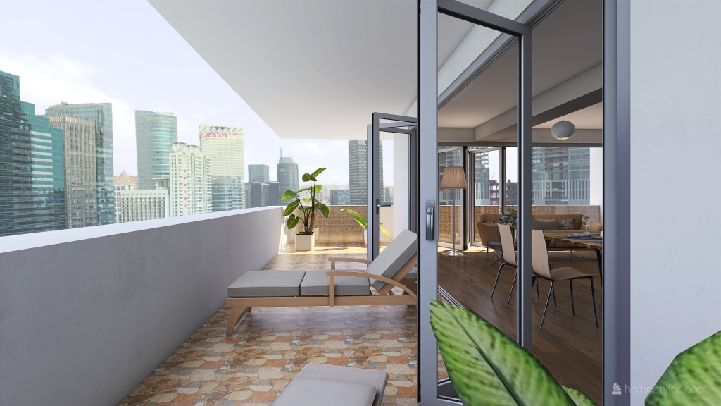 Contemporary Rustic WoodTones Blue Grey Beige Balcony 3d design renderings