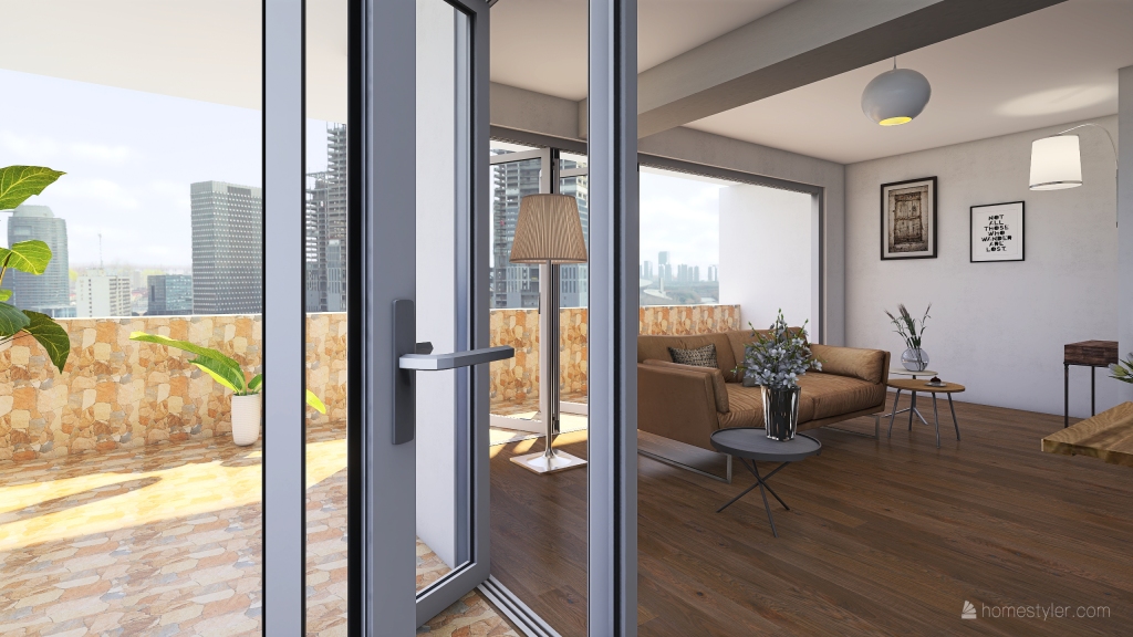 Contemporary Rustic WoodTones Blue Grey Beige Balcony 3d design renderings