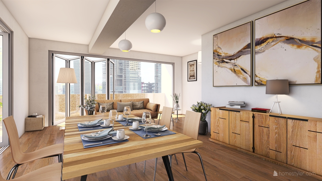 Contemporary Rustic Living in Prague WoodTones Blue Grey Beige 3d design renderings