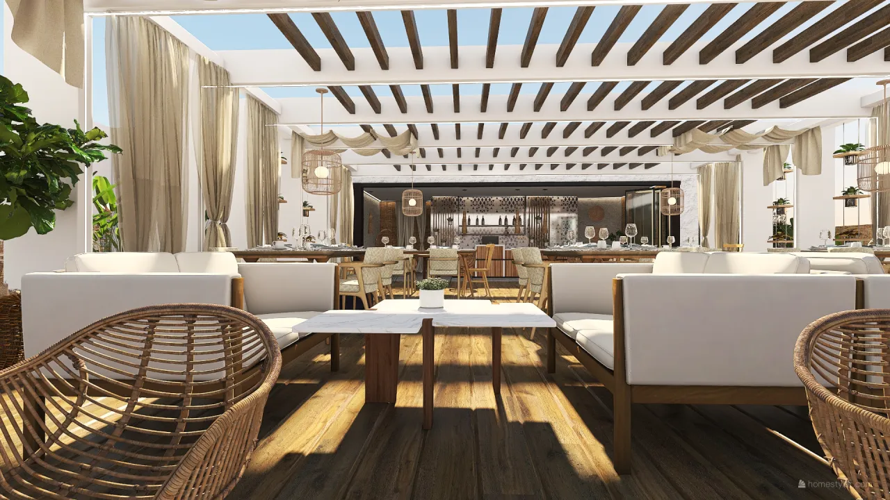 Bohemian Rustic #HSDACommercial All day cafe-restaurant at Crete White WoodTones 3d design renderings