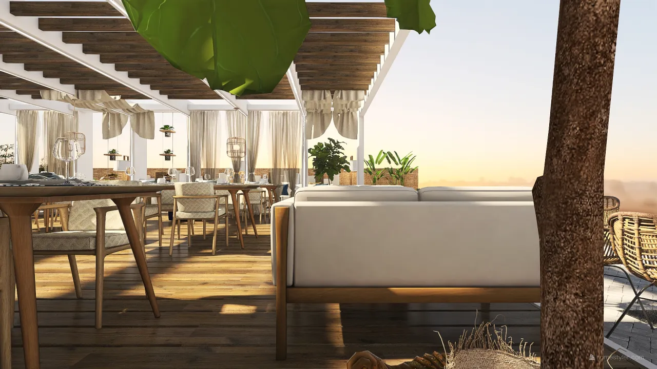 Bohemian Rustic #HSDACommercial All day cafe-restaurant at Crete White WoodTones 3d design renderings