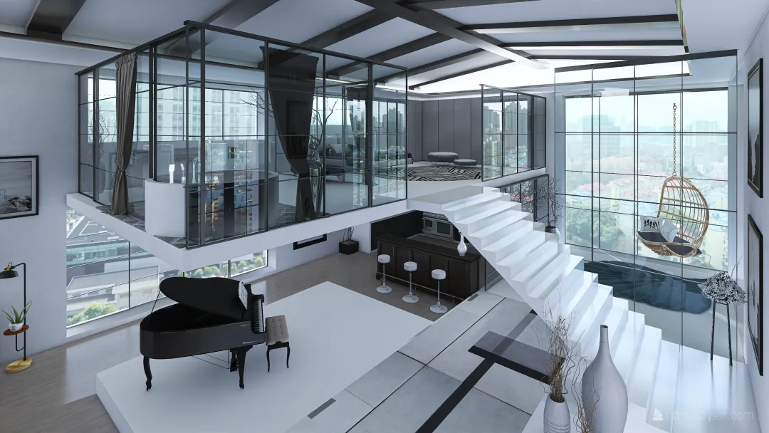 Modern Bauhaus LOFT IN NEW-YORK Black White 3d design renderings