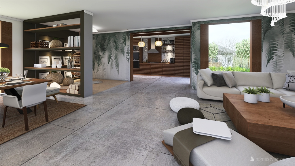 Bohemian Contemporary Black Orange WoodTones White Living and Dining Room 3d design renderings