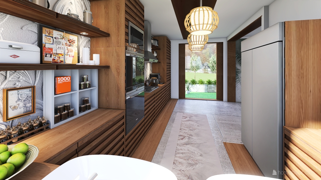 Bohemian Contemporary Black Orange WoodTones White Kitchen 3d design renderings
