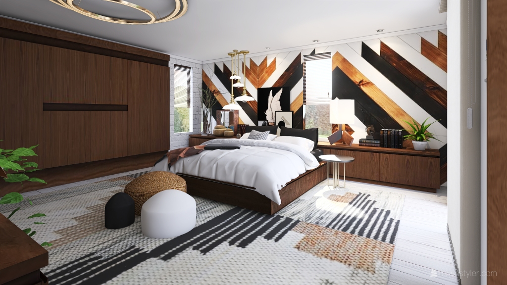 Bohemian Contemporary Black Orange WoodTones White Master Bedroom 3d design renderings