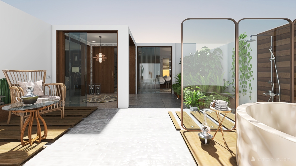 Bohemian Contemporary Black Orange WoodTones White Outdoors 3d design renderings