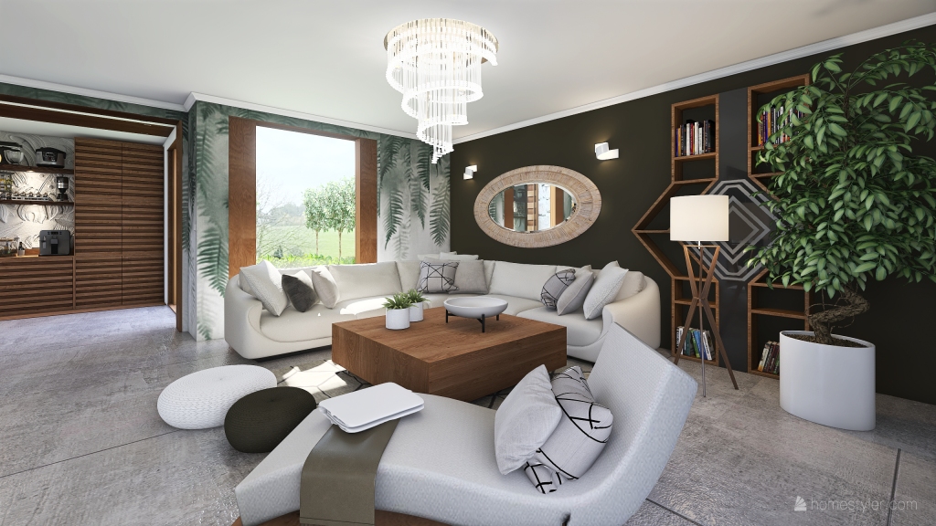 Bohemian Contemporary Black Orange WoodTones White Living and Dining Room 3d design renderings
