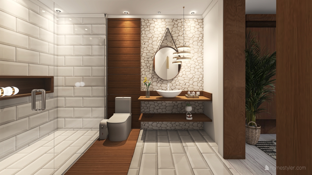 Bohemian Contemporary Black Orange WoodTones White Master Bathroom 3d design renderings