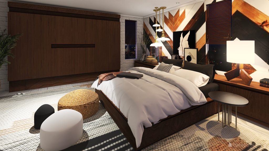 Bohemian Contemporary Black Orange WoodTones White Master Bedroom 3d design renderings