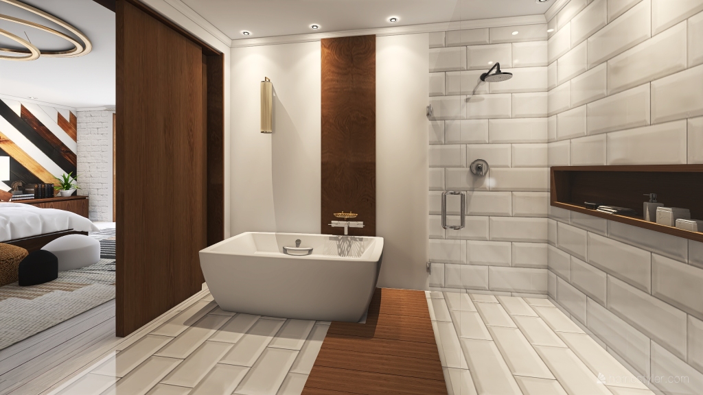 Bohemian Contemporary Black Orange WoodTones White Master Bathroom 3d design renderings
