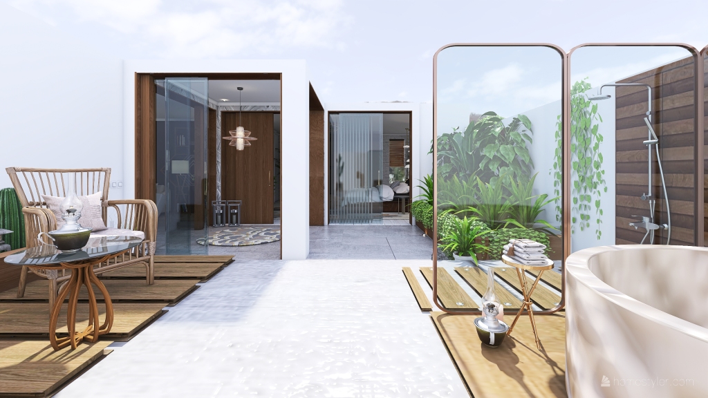 Bohemian Contemporary Black Orange WoodTones White Outdoors 3d design renderings