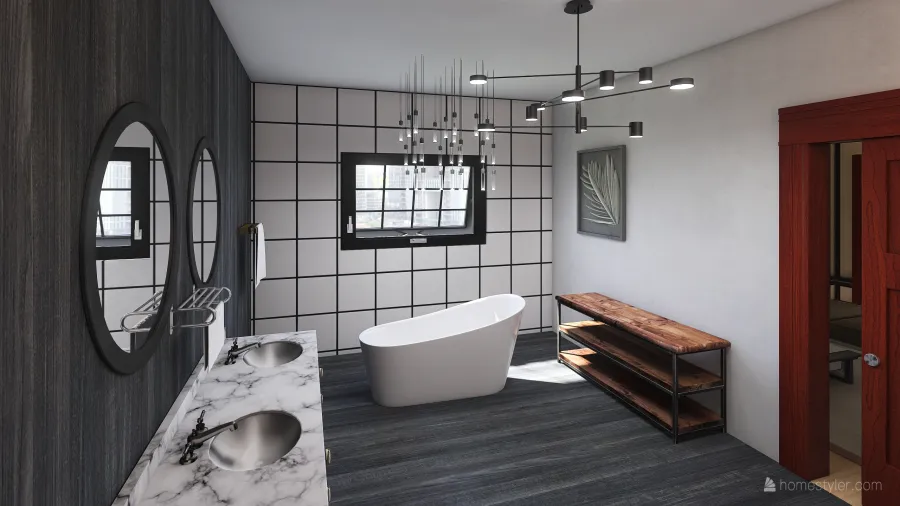 Asian WabiSabi Red White Black Bathroom 3d design renderings