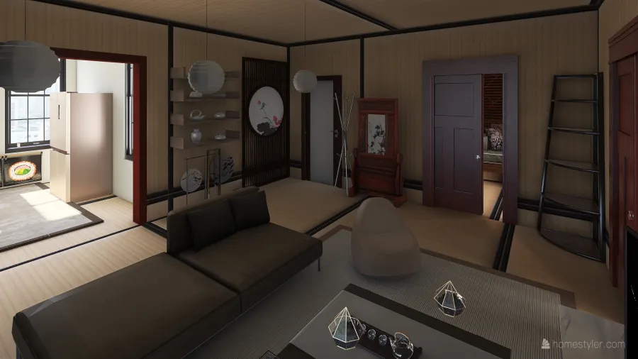 Asian WabiSabi Red White Black Living Room 3d design renderings