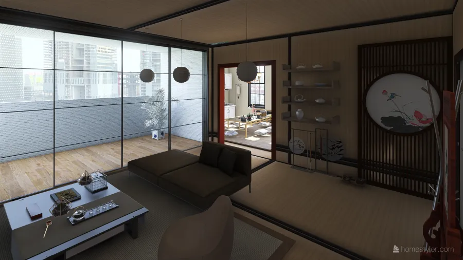 Asian WabiSabi Red White Black Living Room 3d design renderings