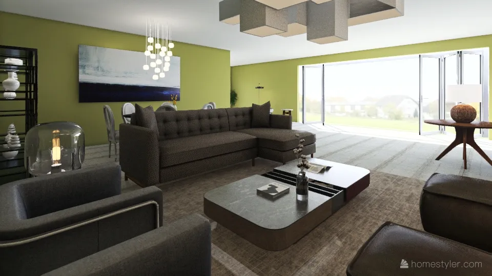 sala moderna misturada com rustico 3d design renderings