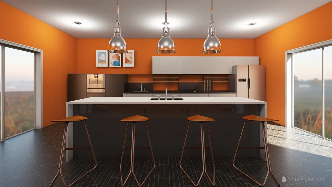 Orange kitchen 3d design renderings