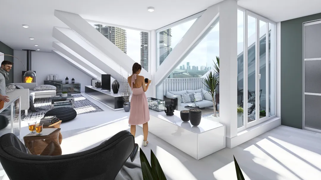 Modern Scandinavian Bauhaus Duplex en el centro de Madrid Green Grey White 3d design renderings