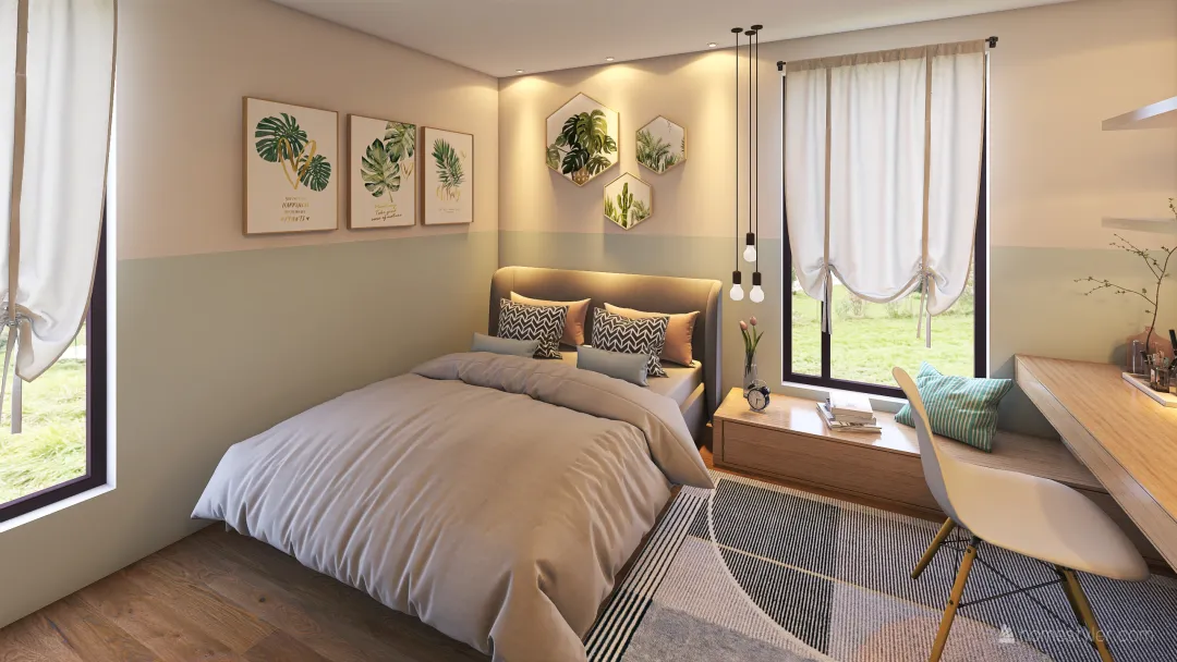 Bohemian Contemporary Blue Bedroom Blue Green WoodTones 3d design renderings