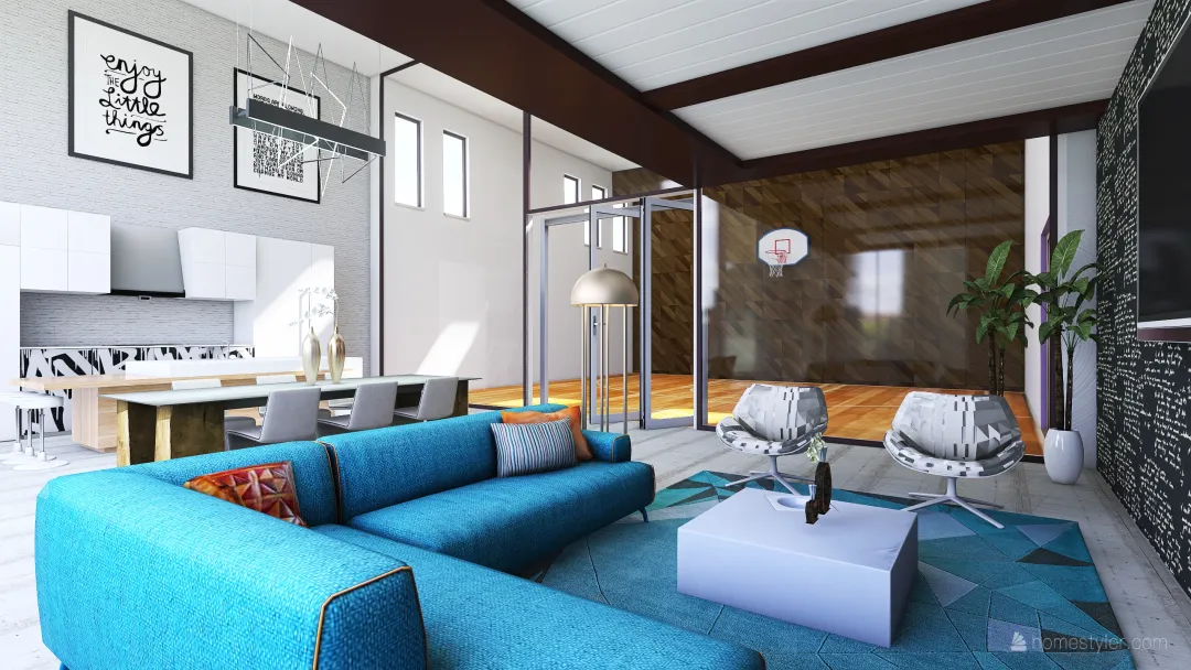 house with indoor basketball gym and views of the city 3d design renderings