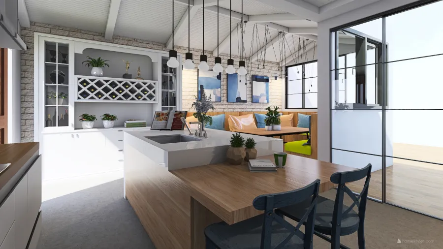 Modern Orange Blue White Kitchen 3d design renderings