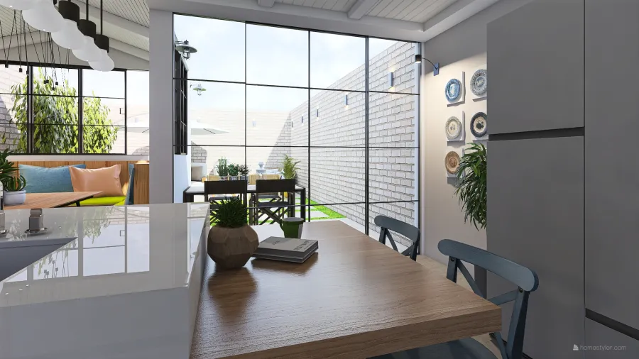 Modern Orange Blue White Kitchen 3d design renderings
