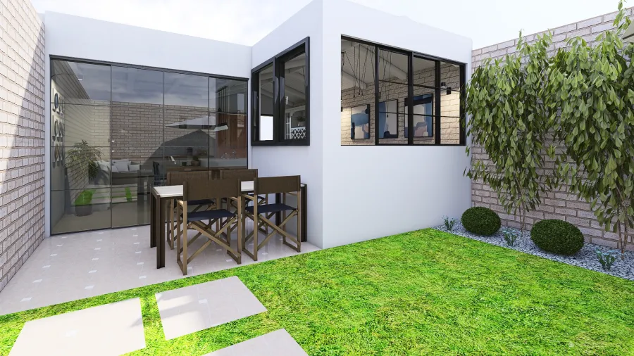 Modern Orange Blue White Courtyard 3d design renderings