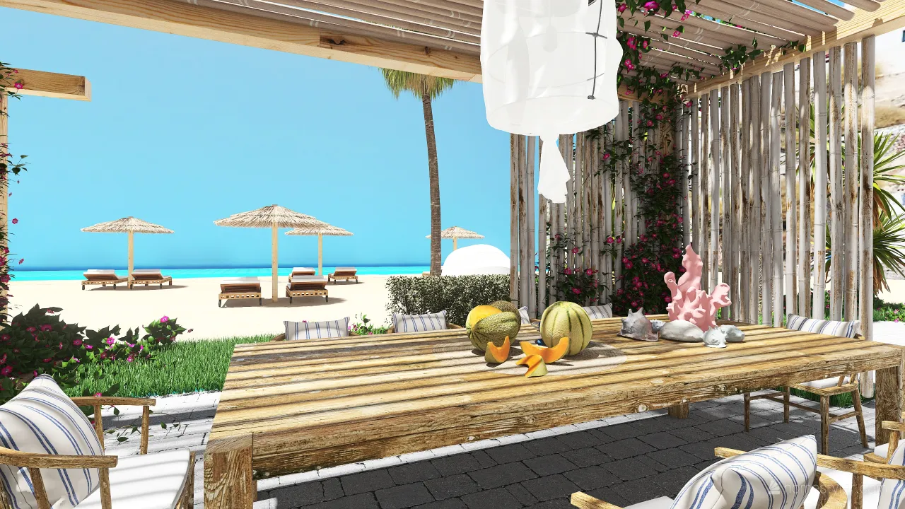 Mediterranean Costal WabiSabi TropicalTheme Casa Vacanza.  isola Greca Blue White Green 3d design renderings
