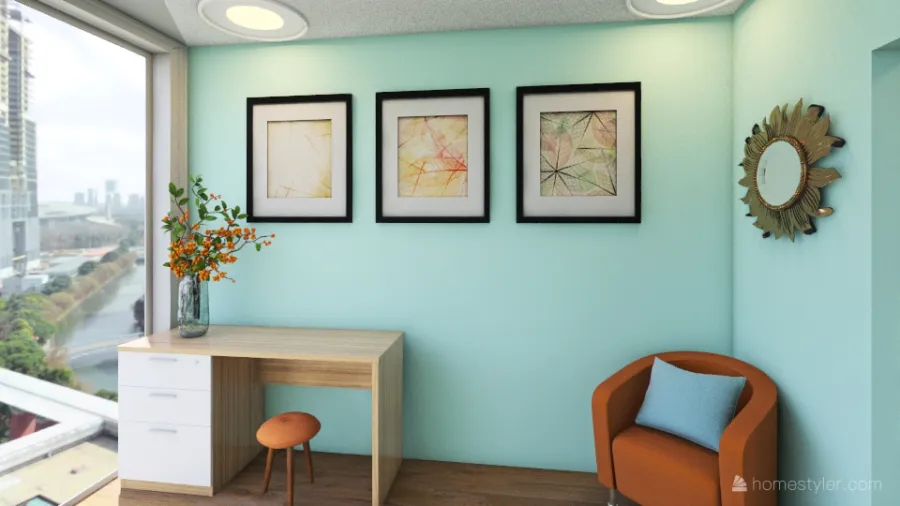 Seafoam green and Redish Orange Bedroom 3d design renderings