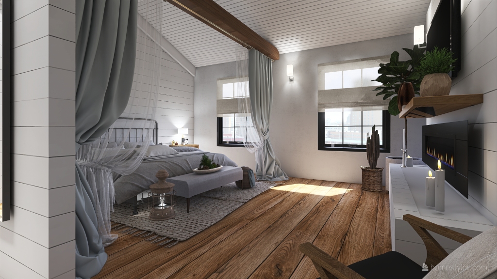 Farmhouse Bohemian Grey Green Blue WoodTones Bedroom 3d design renderings