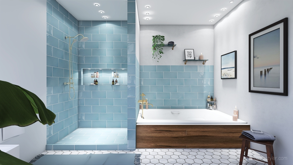 Farmhouse Bohemian Grey Green Blue WoodTones Bathroom 3d design renderings